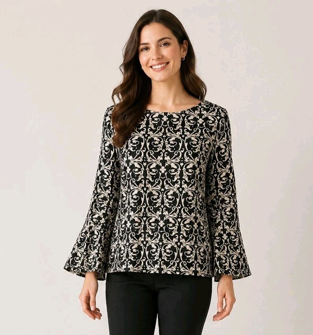 Alice + Olivia Baska Boat Neck Bell Sleeve Damask Black Top US 6